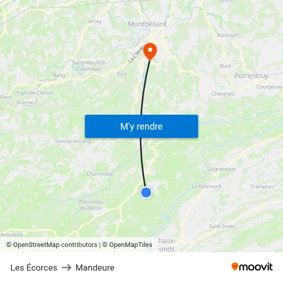 Les Écorces to Mandeure map