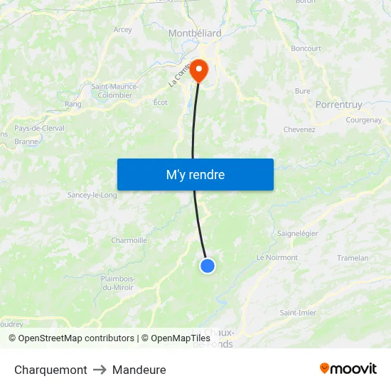 Charquemont to Mandeure map