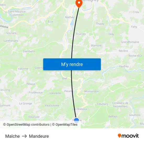 Maîche to Mandeure map