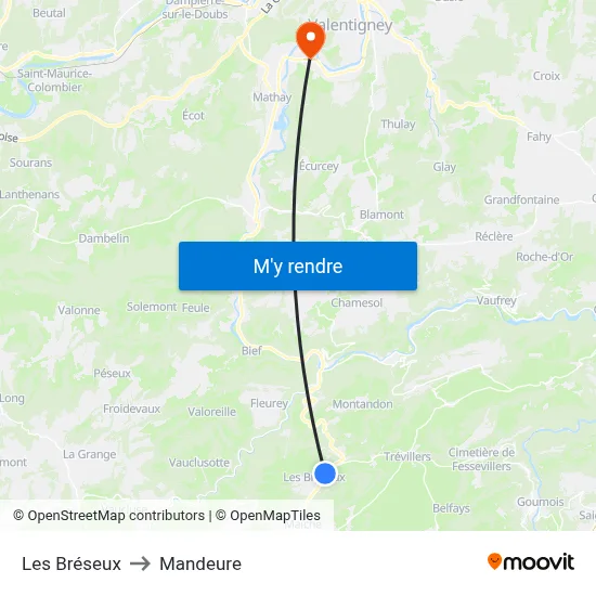 Les Bréseux to Mandeure map