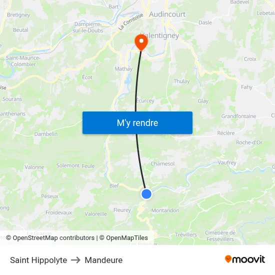 Saint Hippolyte to Mandeure map