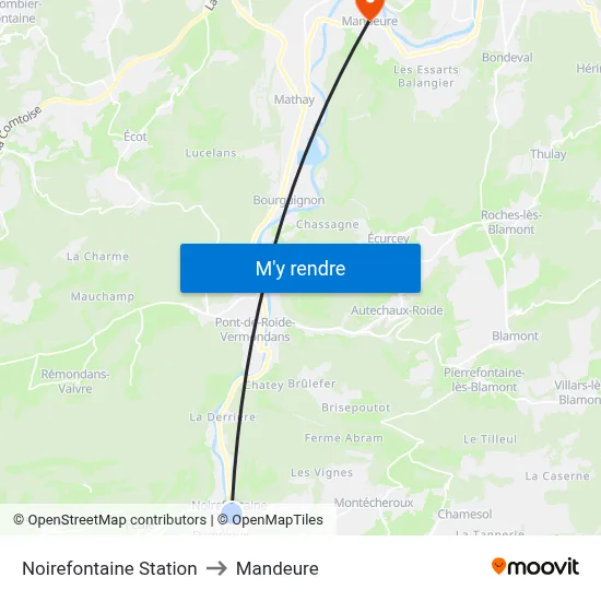 Noirefontaine Station to Mandeure map