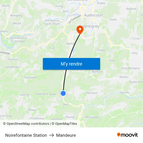 Noirefontaine Station to Mandeure map