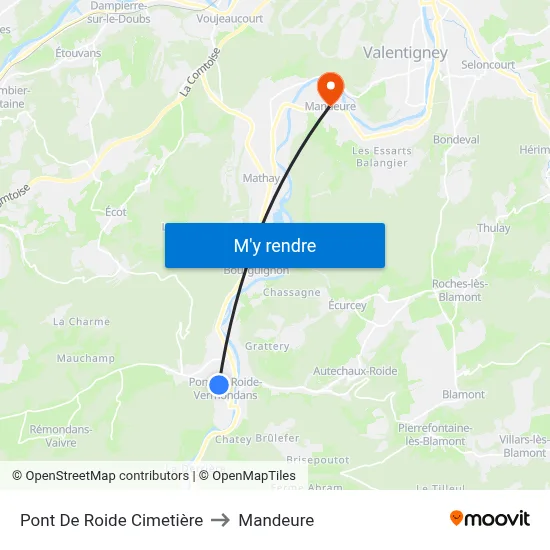 Pont De Roide Cimetière to Mandeure map