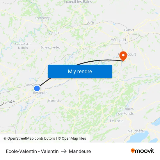École-Valentin - Valentin to Mandeure map