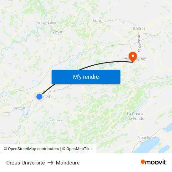 Crous Université to Mandeure map