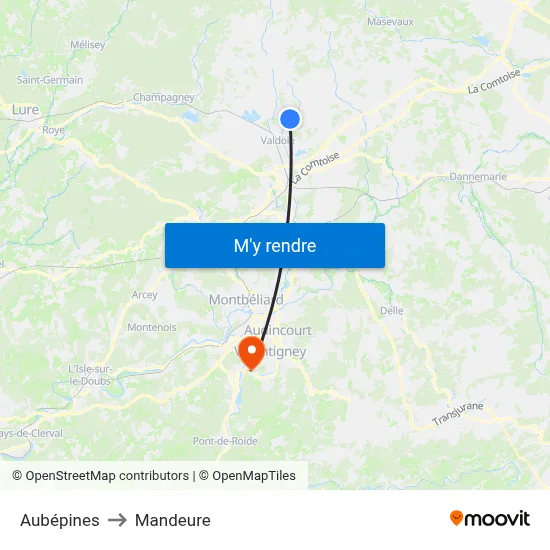 Aubépines to Mandeure map
