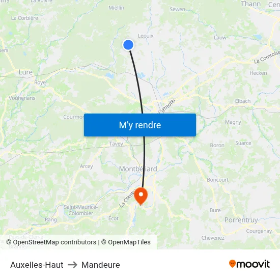 Auxelles-Haut to Mandeure map