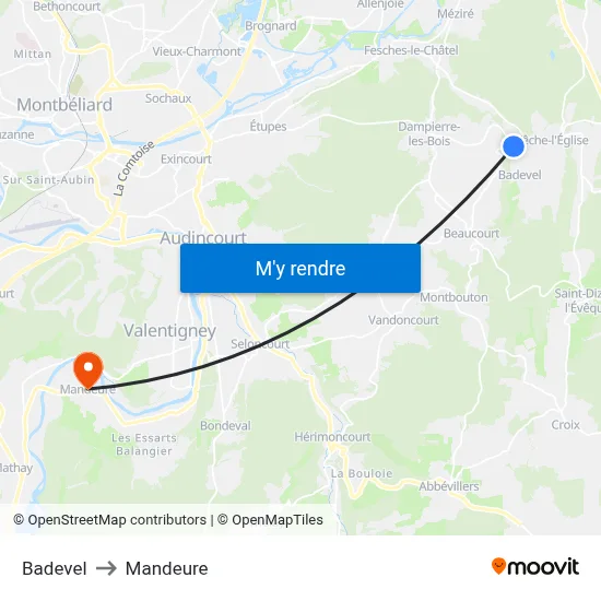 Badevel to Mandeure map