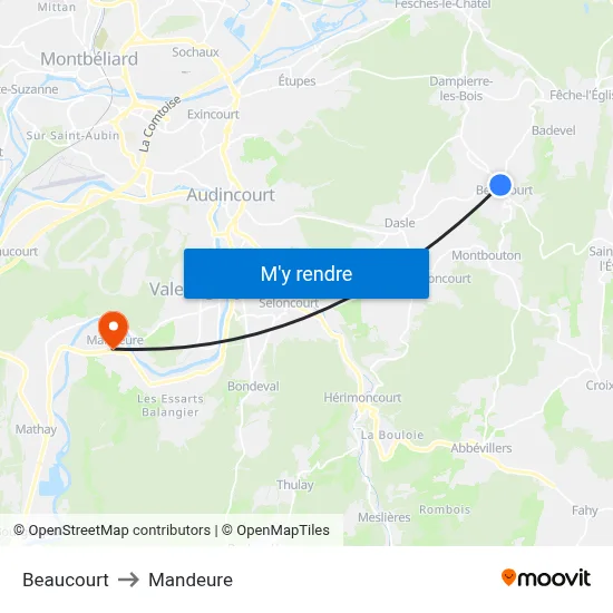 Beaucourt to Mandeure map