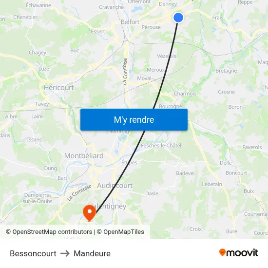 Bessoncourt to Mandeure map