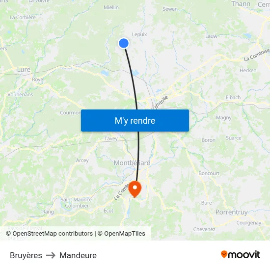 Bruyères to Mandeure map