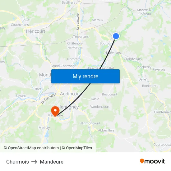 Charmois to Mandeure map