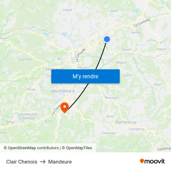 Clair Chenois to Mandeure map