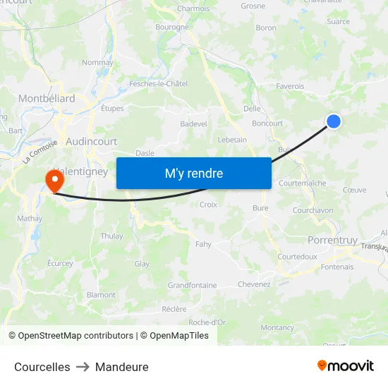 Courcelles to Mandeure map