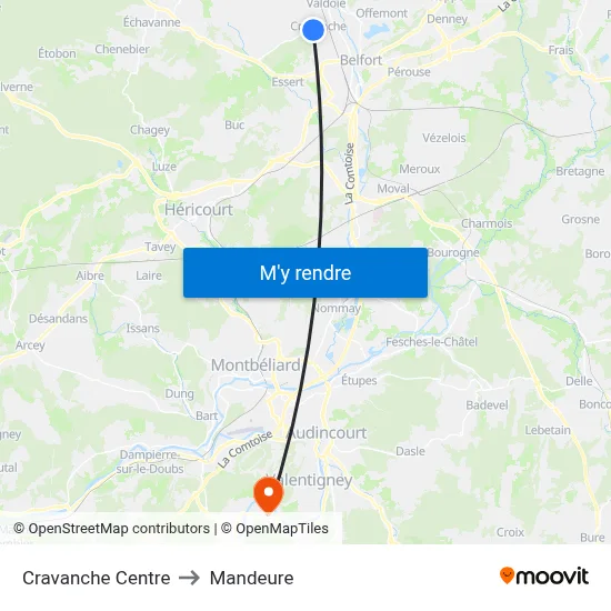 Cravanche Centre to Mandeure map