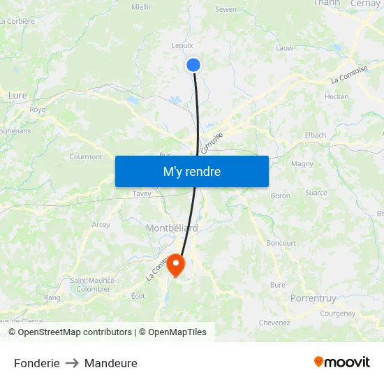 Fonderie to Mandeure map