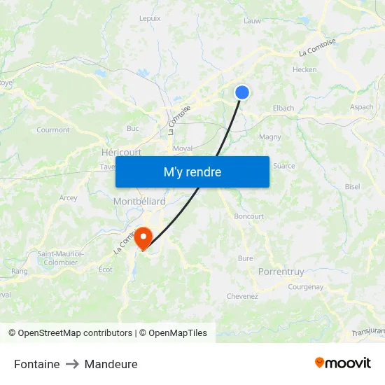 Fontaine to Mandeure map