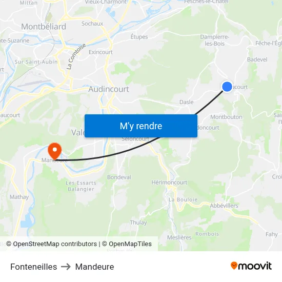 Fonteneilles to Mandeure map