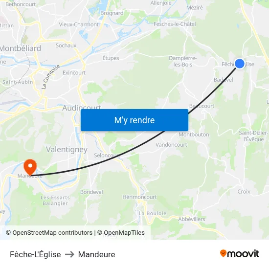 Fêche-L'Église to Mandeure map