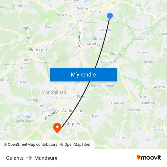 Galants to Mandeure map