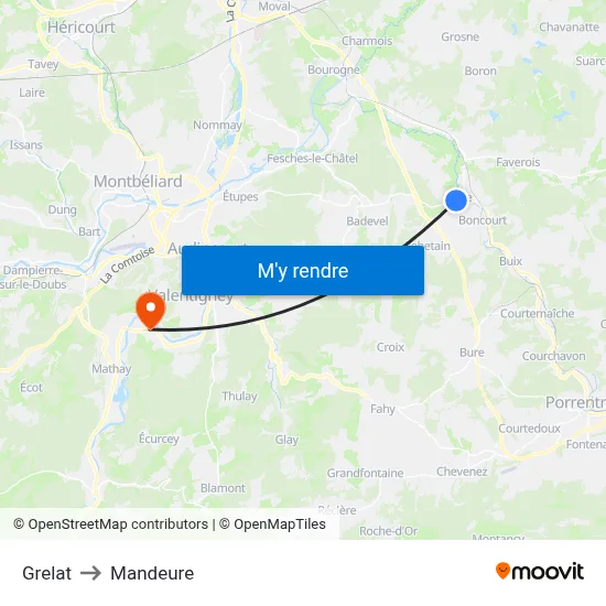 Grelat to Mandeure map