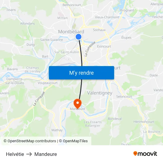 Helvétie to Mandeure map