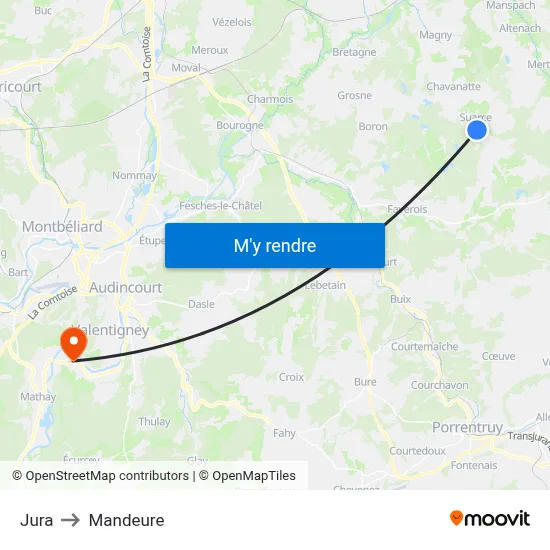 Jura to Mandeure map