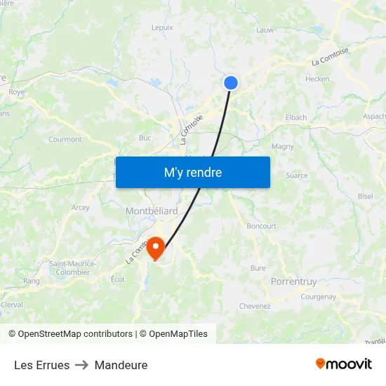 Les Errues to Mandeure map
