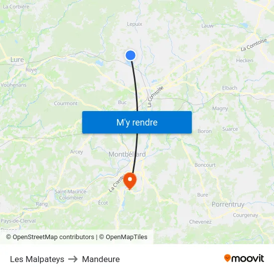 Les Malpateys to Mandeure map