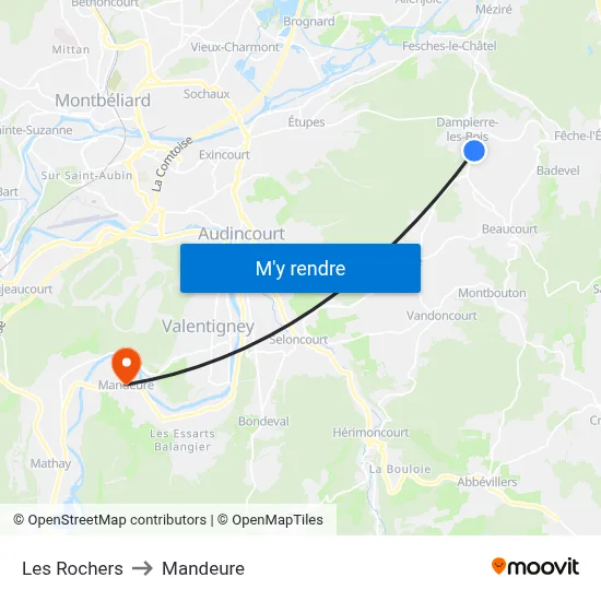 Les Rochers to Mandeure map