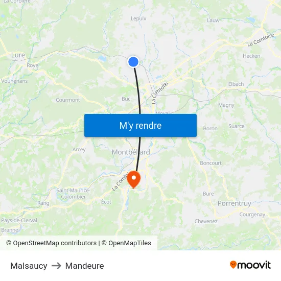 Malsaucy to Mandeure map