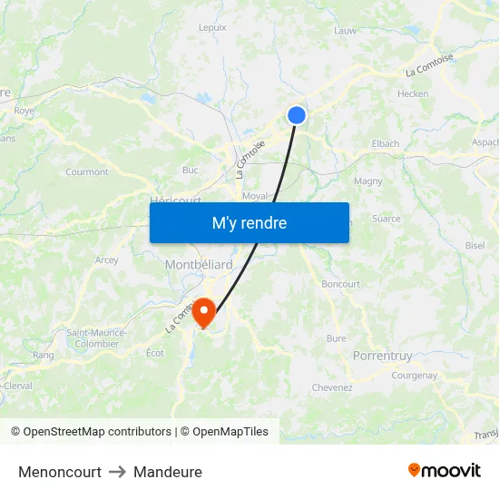 Menoncourt to Mandeure map