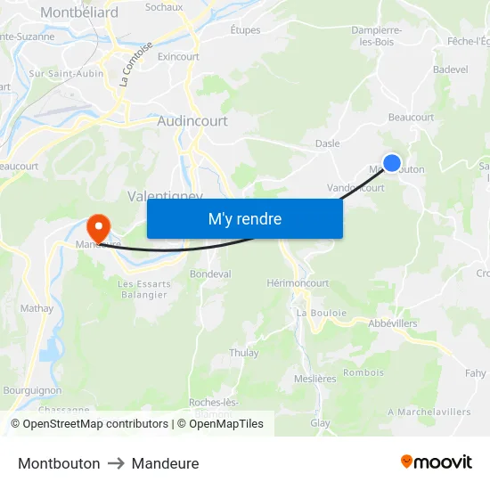 Montbouton to Mandeure map