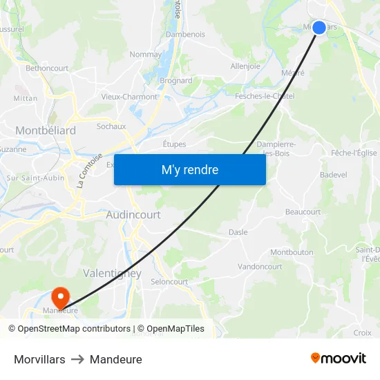 Morvillars to Mandeure map