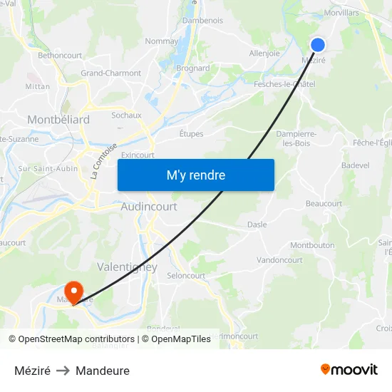 Méziré to Mandeure map
