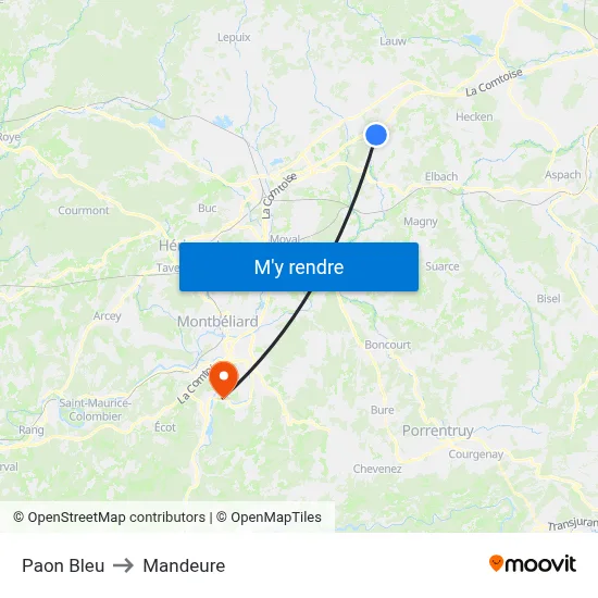 Paon Bleu to Mandeure map