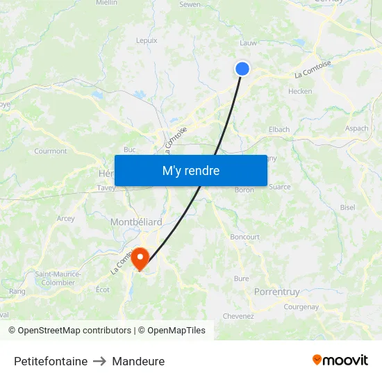 Petitefontaine to Mandeure map