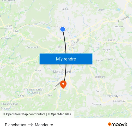 Planchettes to Mandeure map