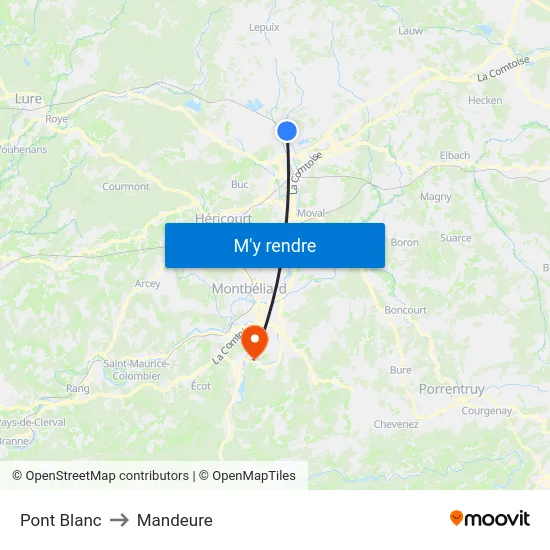 Pont Blanc to Mandeure map