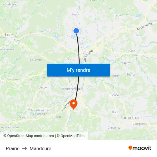 Prairie to Mandeure map