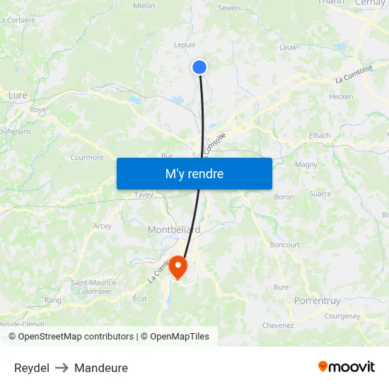 Reydel to Mandeure map