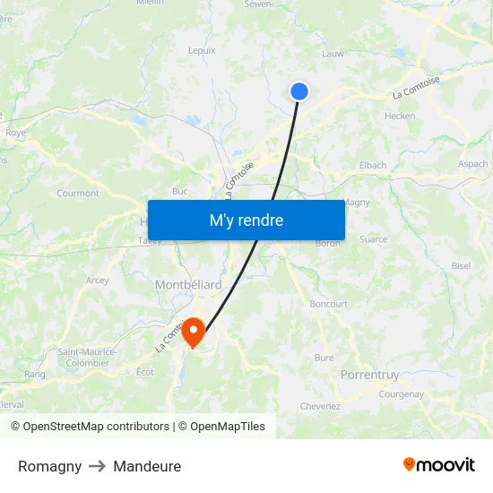 Romagny to Mandeure map