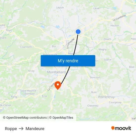 Roppe to Mandeure map