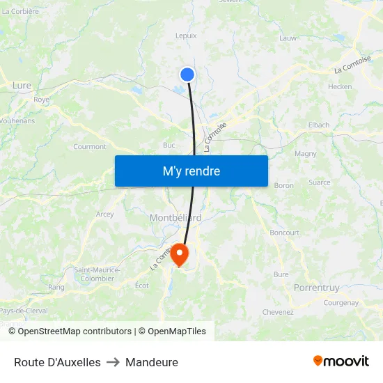 Route D'Auxelles to Mandeure map