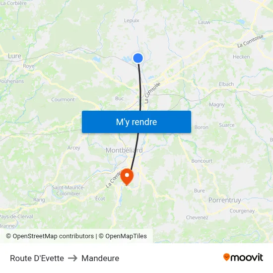 Route D'Evette to Mandeure map