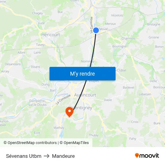 Sévenans Utbm to Mandeure map