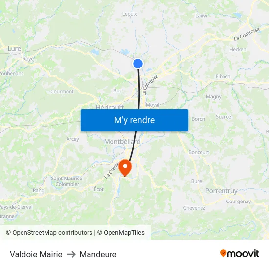 Valdoie Mairie to Mandeure map