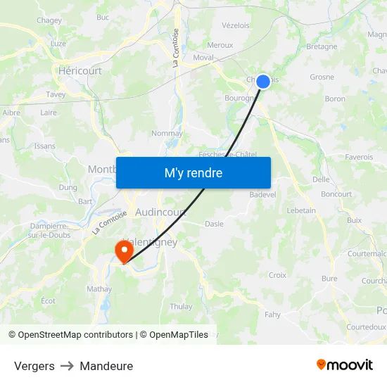 Vergers to Mandeure map