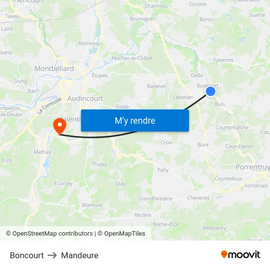Boncourt to Mandeure map